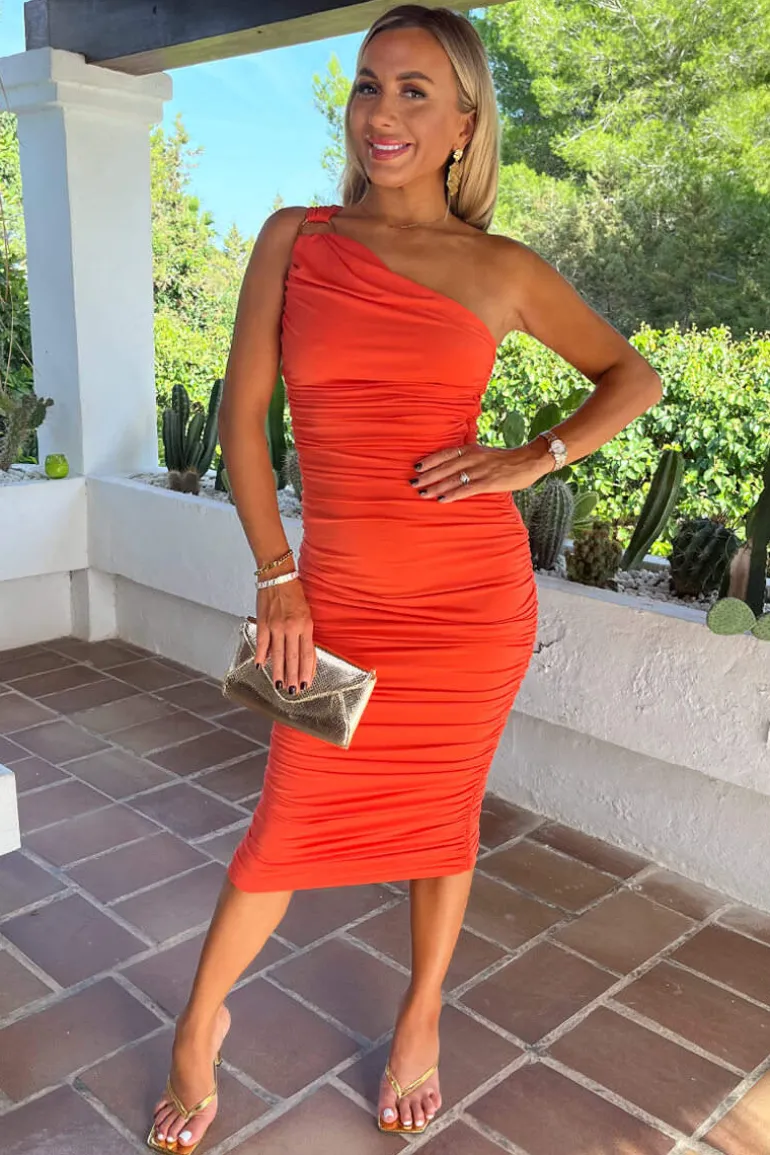 Burnt Orange One Shoulder Ring Detail Ruched Bodycon Midi Dress