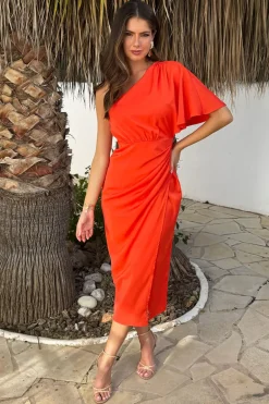 Burnt Orange One Shoulder Butterfly Sleeve Wrap Midi Dress