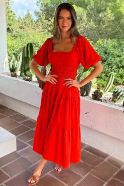 Burnt Orange Puff Sleeve Shirred Waist Smock Midi Dress