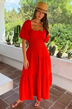 Burnt Orange Puff Sleeve Shirred Waist Smock Midi Dress