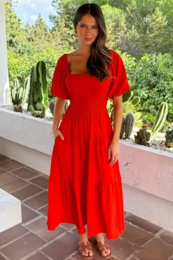 Burnt Orange Puff Sleeve Shirred Waist Smock Midi Dress