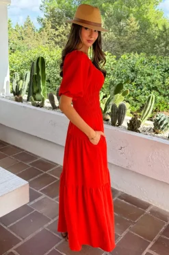 Burnt Orange Puff Sleeve Shirred Waist Smock Midi Dress