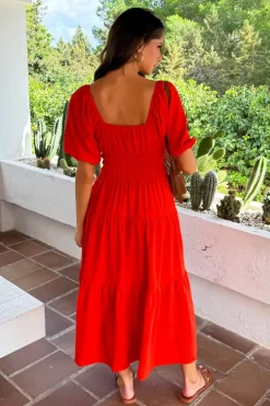 Burnt Orange Puff Sleeve Shirred Waist Smock Midi Dress