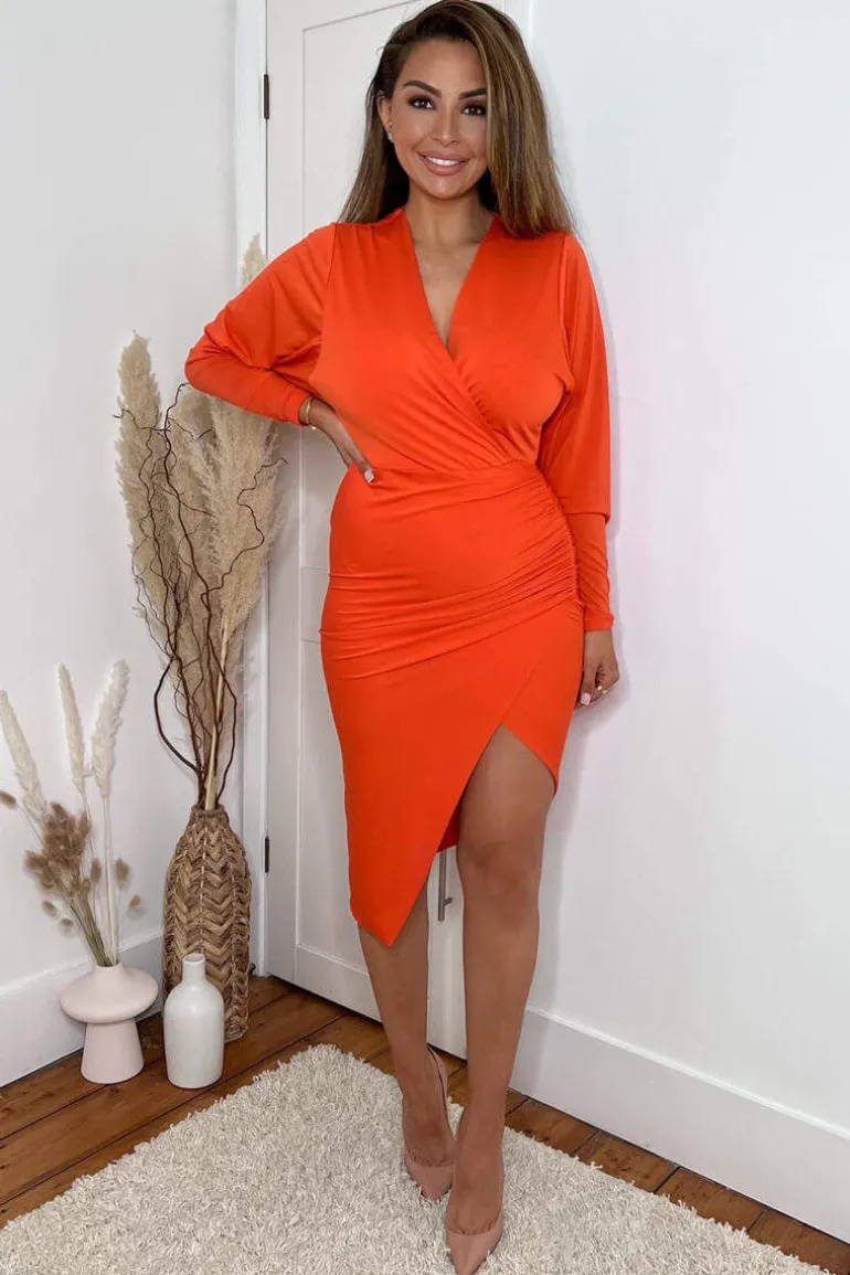Burnt Orange Ruched Side Wrap Top Midi Dress