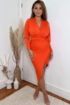 Burnt Orange Ruched Side Wrap Top Midi Dress