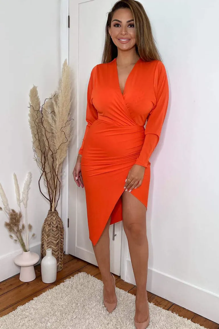 Burnt Orange Ruched Side Wrap Top Midi Dress