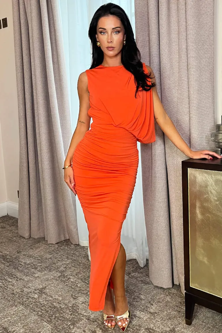 Burnt Orange Sleeveless Draped Top Ruched Skirt Midi Dress