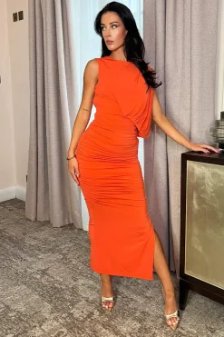 Burnt Orange Sleeveless Draped Top Ruched Skirt Midi Dress