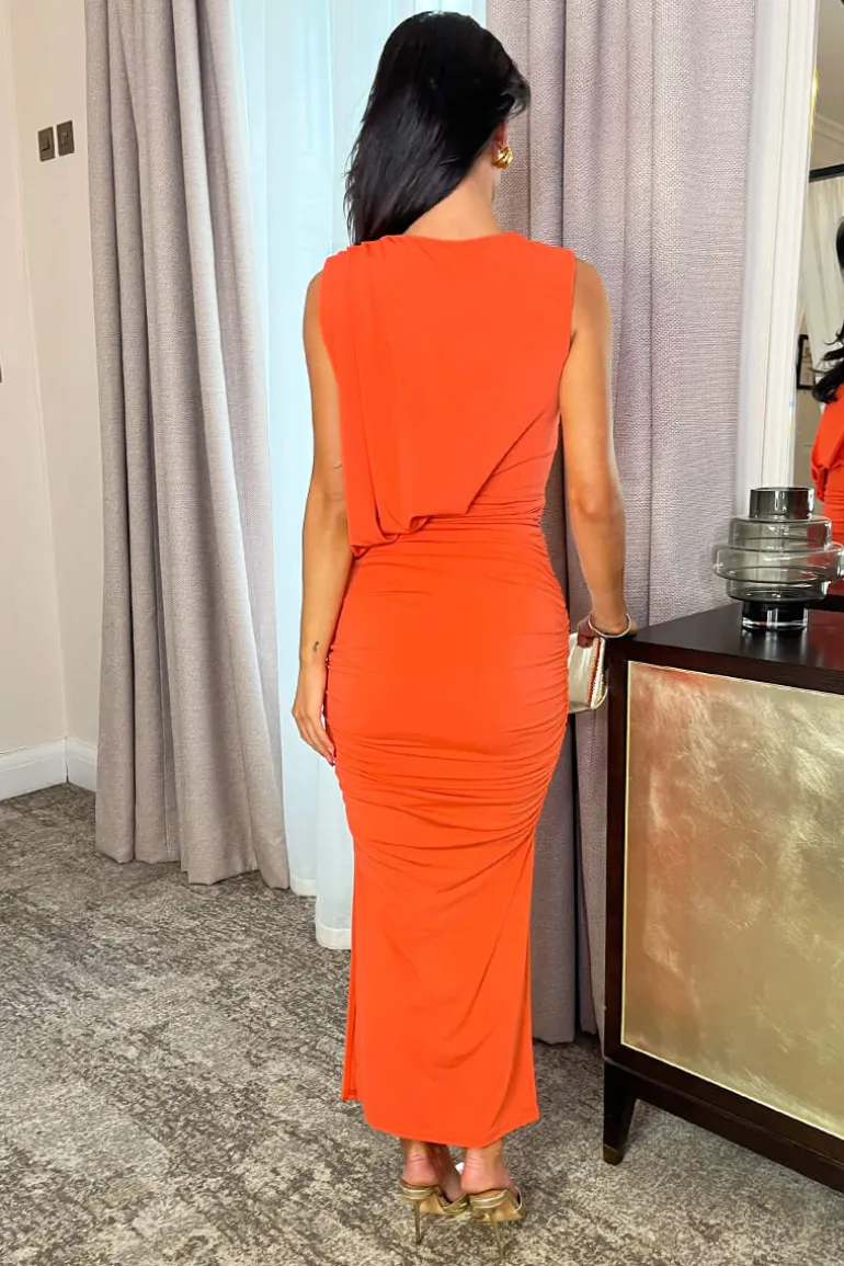 Burnt Orange Sleeveless Draped Top Ruched Skirt Midi Dress