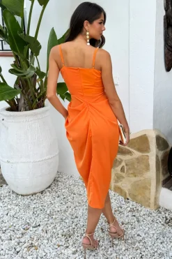 Burnt Orange Strappy Wrap Top Gathered Skirt Midi Dress