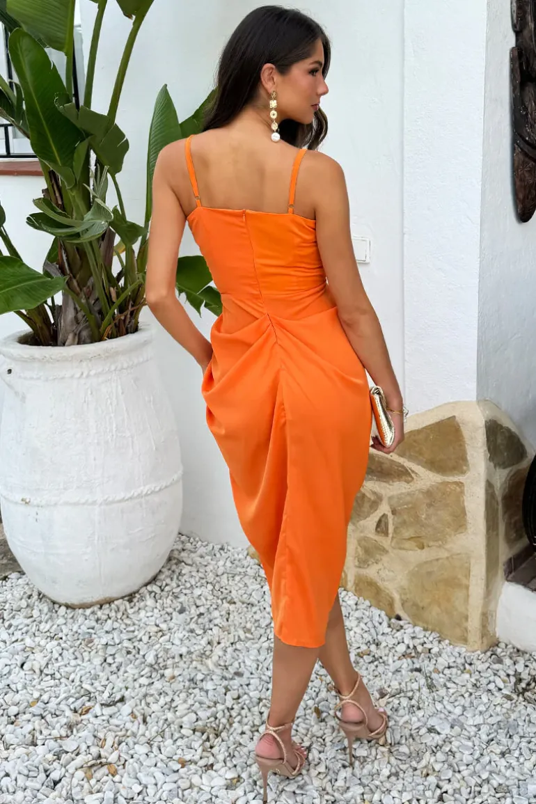Burnt Orange Strappy Wrap Top Gathered Skirt Midi Dress