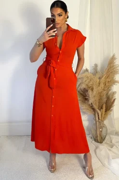 Burnt Orange Tie Waist Button Up Midi Dress