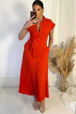 Burnt Orange Tie Waist Button Up Midi Dress