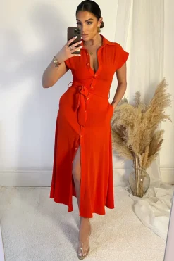 Burnt Orange Tie Waist Button Up Midi Dress