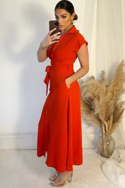 Burnt Orange Tie Waist Button Up Midi Dress