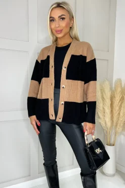 Camel And Black Button Up Stripe Cardigan