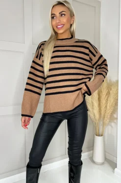 Camel And Black Striped Block Hem Jumper