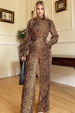 Camel Animal Belted Frill Cuff Sleeve Jumpsuit