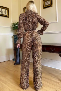 Camel Animal Belted Frill Cuff Sleeve Jumpsuit