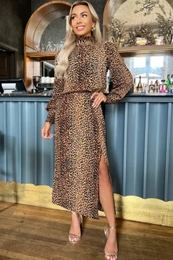 Camel Animal Print High Neck Long Sleeve Midi Dress