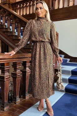 Camel Animal Print High Neck Long Sleeve Midi Dress