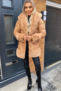 Camel Faux Fur Trim Belted Jacket