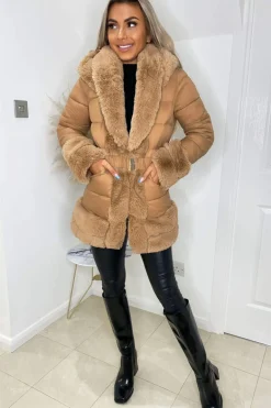 Camel Faux Fur Trim Belted Jacket