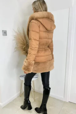 Camel Faux Fur Trim Belted Jacket