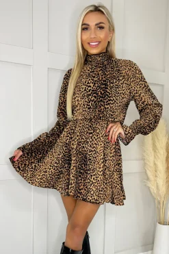 Camel High Neck Animal Print Frill Hem Mini Dress