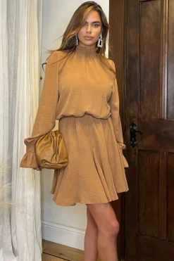 Camel High Neck Shirred Detail Skater Dress