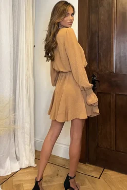 Camel High Neck Shirred Detail Skater Dress