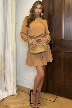 Camel High Neck Shirred Detail Skater Dress