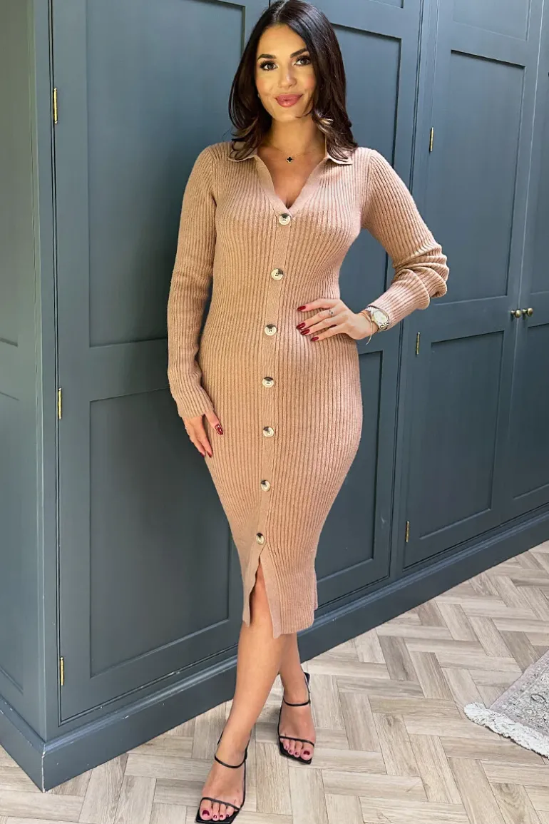 Camel Knitted Button Front Midi Dress