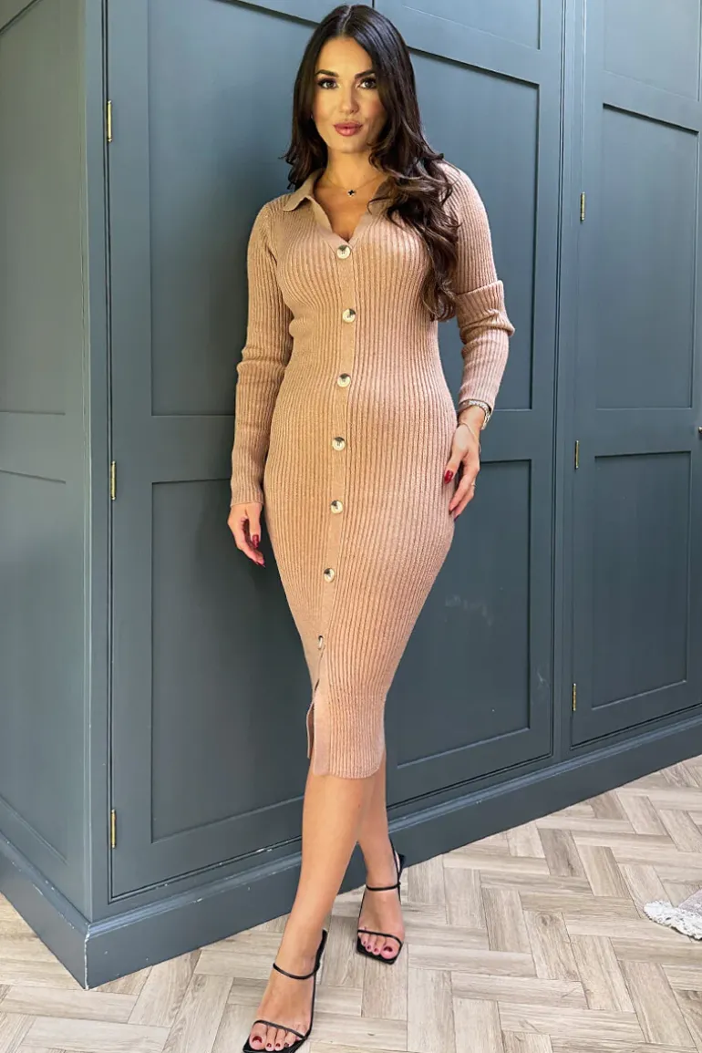 Camel Knitted Button Front Midi Dress
