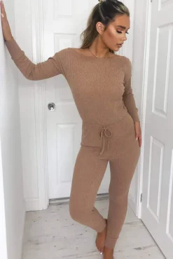 Camel Knitted Long Sleeve Jumpsuit