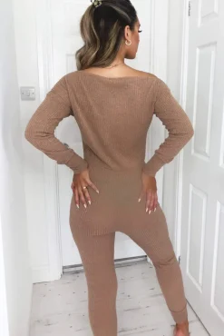 Camel Knitted Long Sleeve Jumpsuit