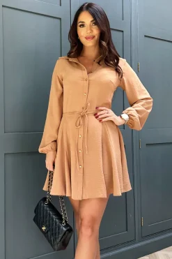Camel Long Sleeve Button Front Skater Shirt Dress