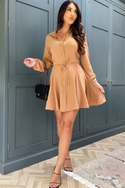 Camel Long Sleeve Button Front Skater Shirt Dress
