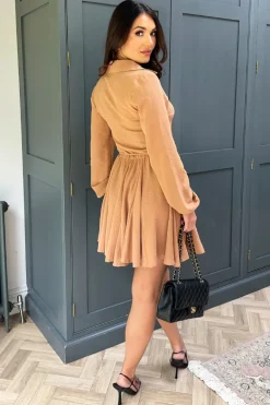 Camel Long Sleeve Button Front Skater Shirt Dress