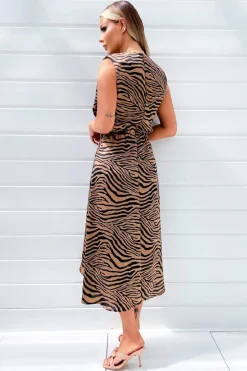 Camel Zebra Print Shoulder Padded Midi Dress