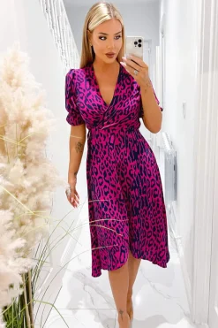 Cerise And Navy Animal Print Wrap Midi Dress