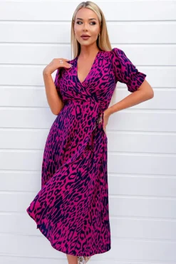 Cerise And Navy Animal Print Wrap Midi Dress