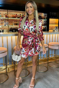 Cerise Printed 3/4 Sleeves Waist Side Tie Mini Dress
