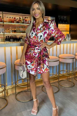 Cerise Printed 3/4 Sleeves Waist Side Tie Mini Dress