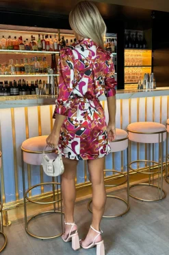 Cerise Printed 3/4 Sleeves Waist Side Tie Mini Dress
