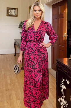 Cerise Printed Wrap Top Split Skirt Midi Dress