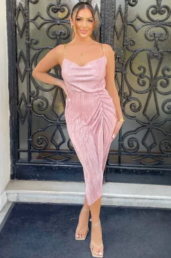 Champagne Plisse Cowl Neck Gathered Midi Dress