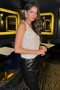 Champagne Sequin Round Neck Sleeveless Top