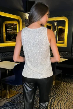 Champagne Sequin Round Neck Sleeveless Top