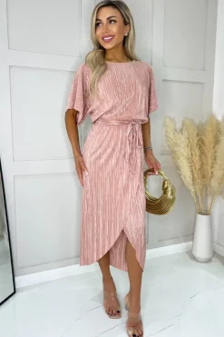 Champagne Short Sleeve Tie Waist Plisse Midi Dress
